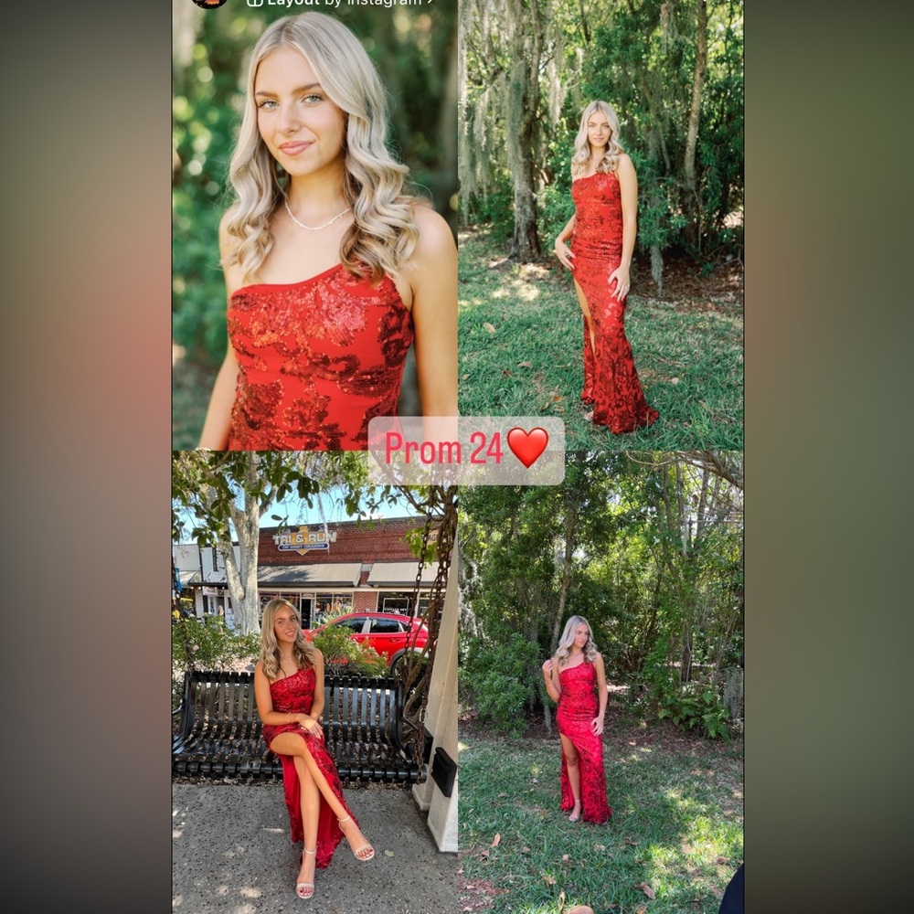 PROM Long beautiful Red Sequin Dress with Slit and slight train - Picture 2 of 7